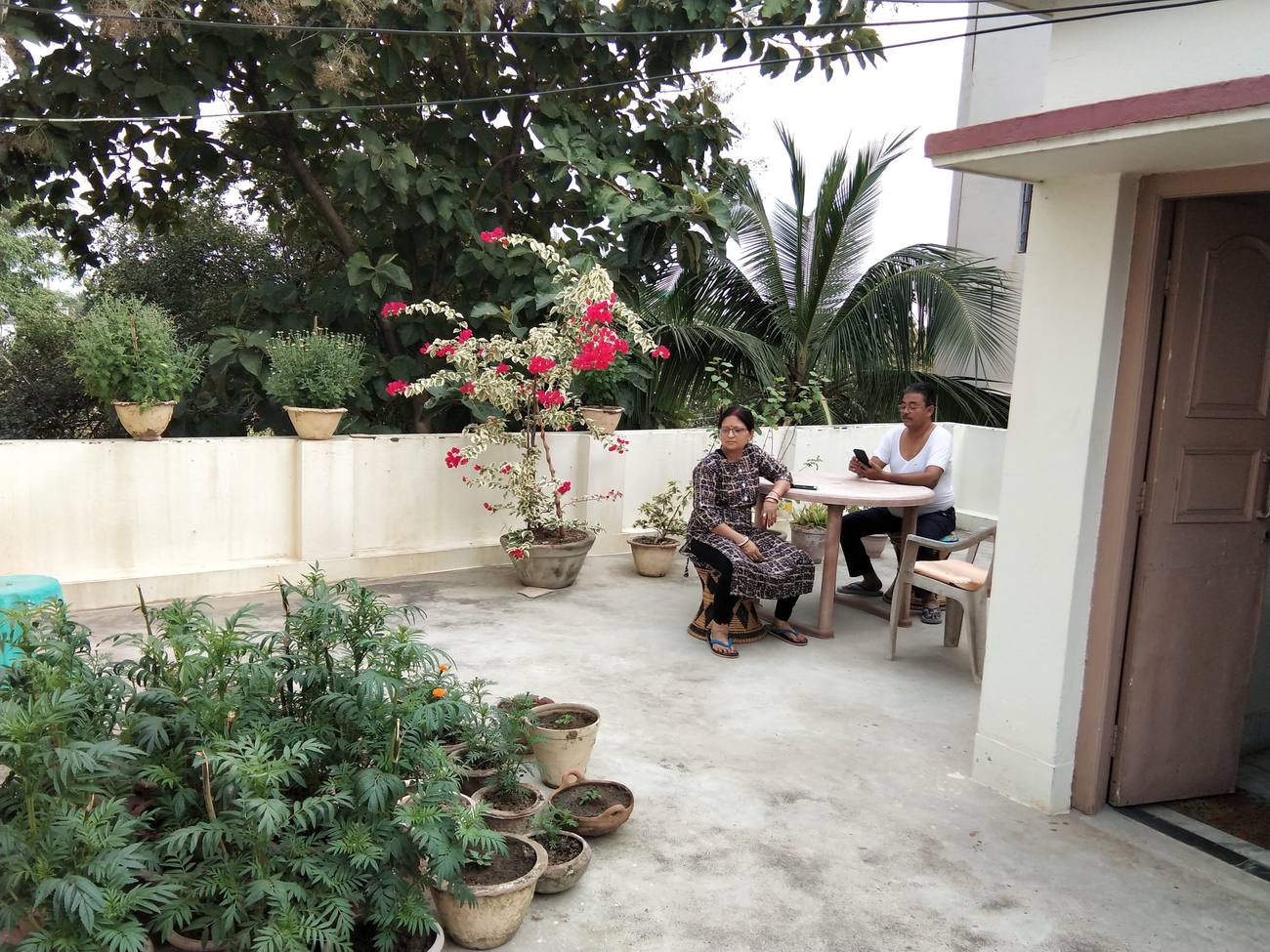 The terrace: bougainvillea in flower, rows of marigolds in terracotta pots, and a small round table with cane chairs beside the door.
